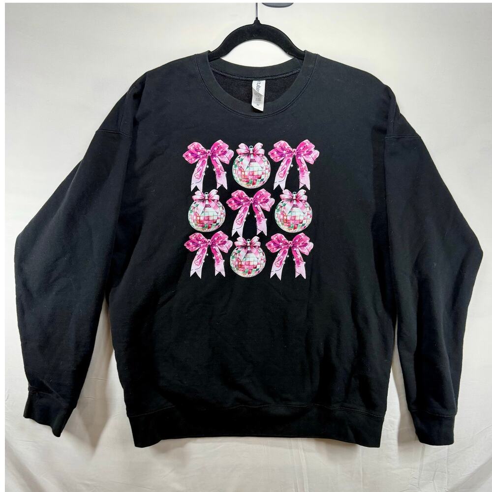 Tultex Black Christmas Sweatshirt Women’s M Pink Disco Ball Bow Graphic Crewneck